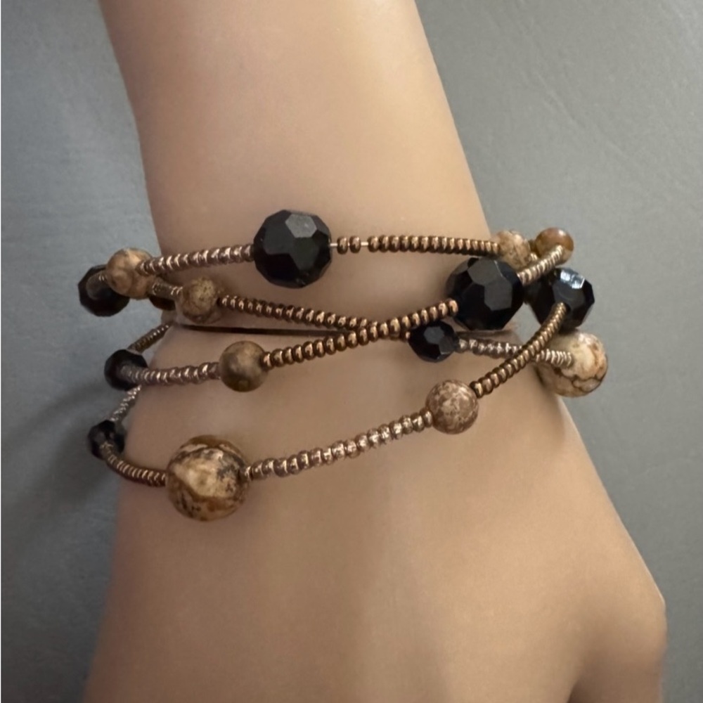 Jasper & black beaded coil bracelet